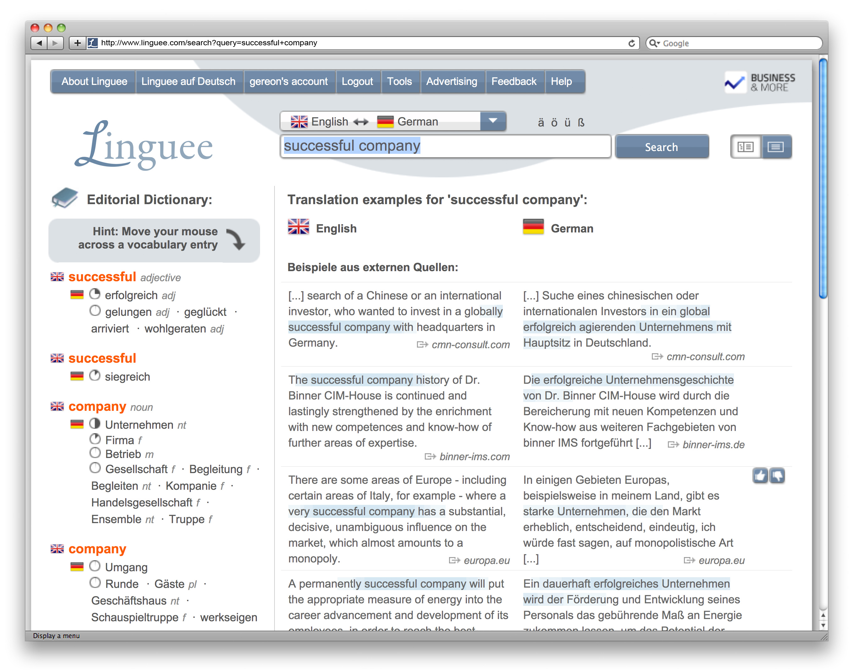 Linguee screenshot - Select English