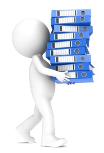 3D little human character carrying a large pile of Ring Binders.